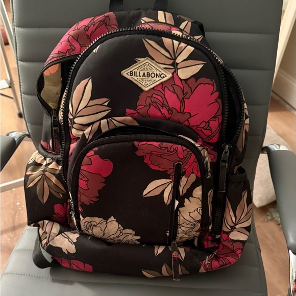 Billabong Accessories - Billabong Black Backpack with Red and Cream Floral Design
